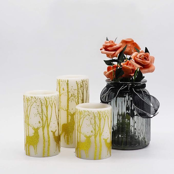 Gold Deer Flameless Candles with 6H Timer, Set of 3 Real Wax LED Flickering Candles, Christmas Pillar Candles with Gold Elk Decor for Home Party Decorations(H6 x D3)-VerdiqueGarden