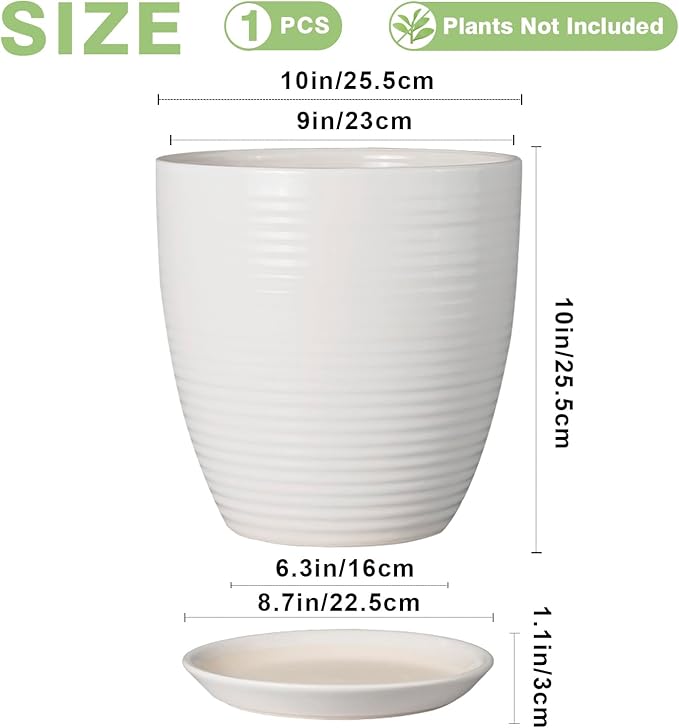 10 Inch Ceramic Planter Pot Large Plant Pot with Drainage Hole and Saucer Modern Round Flower Pot for Indoor Outdoor Plants Garden Pot White-VerdiqueGarden