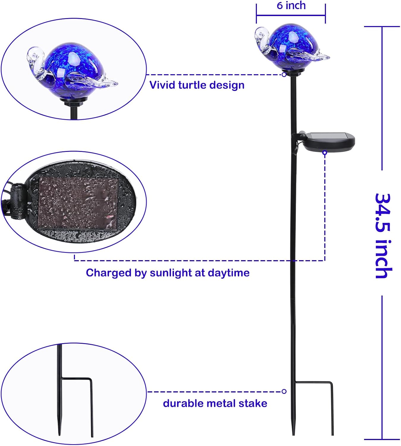 Afirst Decorative Solar Lights Outdoor Solar Turtle Stake Lights Hand Blown Glass Decorative Garden Pathway Light Outdoor Waterproof Glass Stakes Blue-VerdiqueGarden