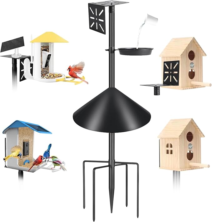 Smart Bird Feeder Pole with Squirrel Baffle & Bath-Heavy Duty Adjustable 3-6.6ft Universal Stand Mount for Backyard&Outdoor Bird Houses/Cameras (80'Pole-Baffle-Bath)-VerdiqueGarden