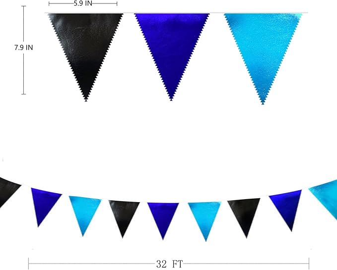 Black Blue Party Decorations Metallic Fabric Triangle Pennant Banner Flag Bunting Garland for Video Game Nautical Birthday Graduations Retirement Wedding Bachelorette Outdoor Holiday Party Supplies-VerdiqueGarden