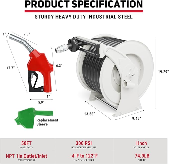 Diesel Fuel Hose Reel Retractable 1" x 50' with Fueling Nozzle Diesel Hose Reel 300 PSI Industrial Auto Swivel Heavy Duty Steel Construction for Farm Ship Vehicle Tank-VerdiqueGarden