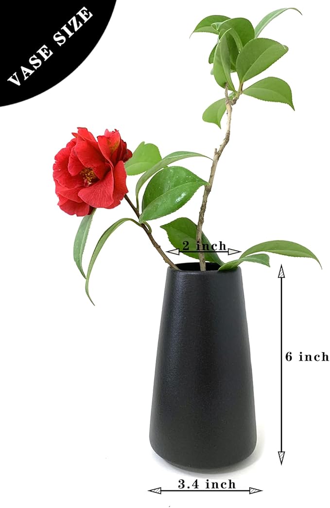 Simple Vase for Flowers Plants, Matte Vases for Modern Table Shelf Home Decor Wedding Boho Decor, 6" H Frosted Elegant Ceramic Vase for Pampas Grass Fluffy Stem Bouquet Lavender Flowers (Black, 2)-VerdiqueGarden