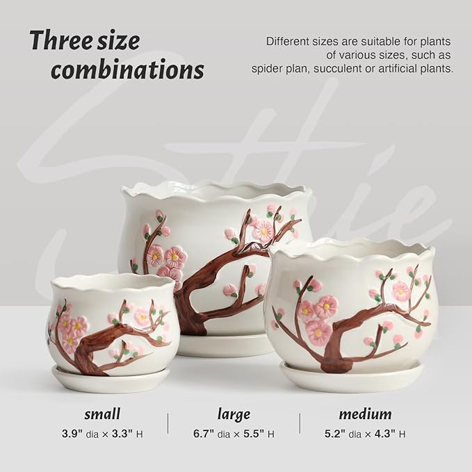 Ceramic Plant Pots with Drainage Holes and Saucers, Round Flower Pots for Indoor Plant, 3.9/5.2/6.7 Inches Small Flower Planters Set of 3-VerdiqueGarden