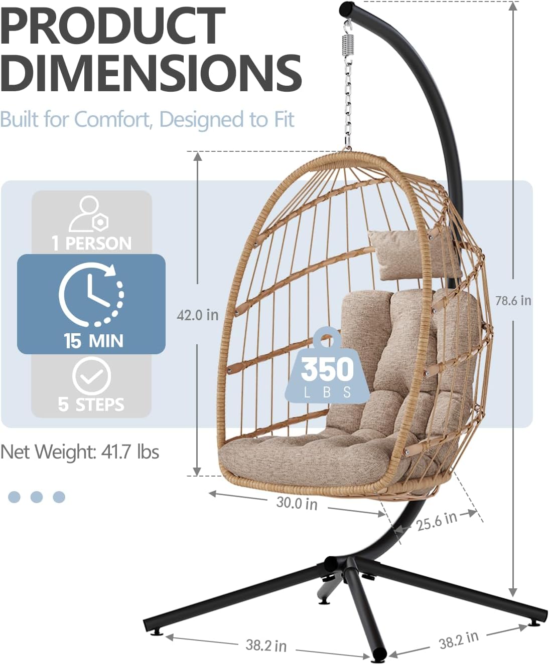 SWITTE Egg Chair Outdoor with Stand, Indoor Wicker Hanging Egg Swing Chair with Cushion, 350lbs Capacity for Patio, Bedroom, Garden - Cream-VerdiqueGarden