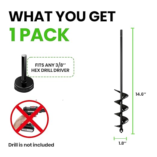 K-Brands Auger Drill Bit for Planting – 1.8 x 14.6 Inch - Garden Spiral Hole and Bulb Planter Tool for Umbrella Holes - 3/8 Inch Hex Drive-VerdiqueGarden