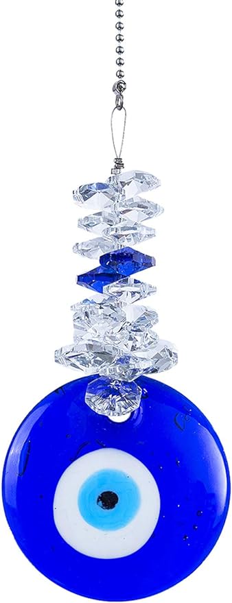 Blue Glass Evil Eye Talisman with Crystal Beads - Good Luck Charm, Home, Office, Car Decoration, Blessing Ornament, Reflects Negative Energy-VerdiqueGarden