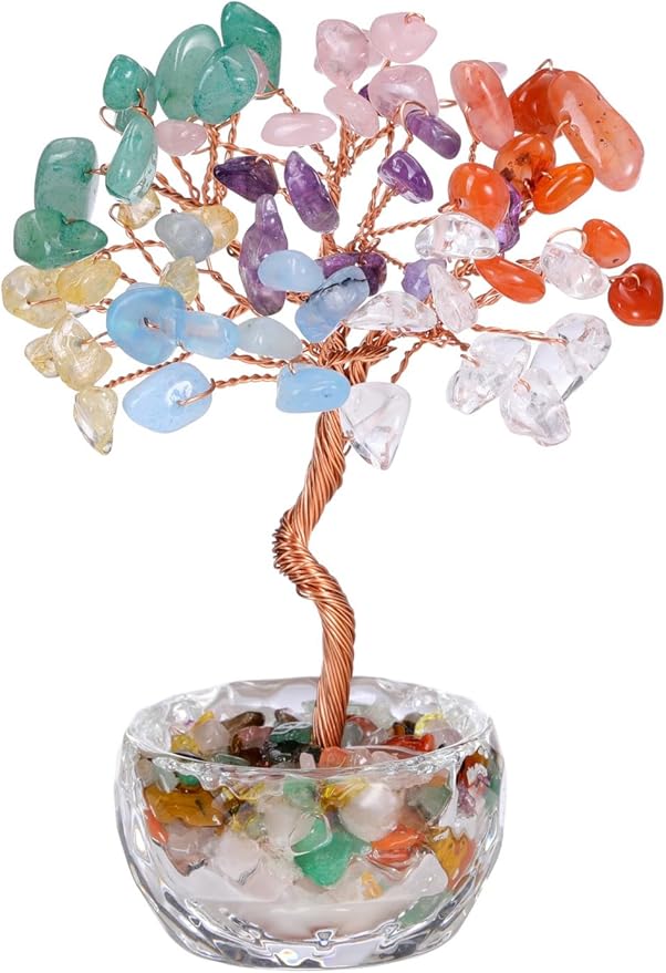 Jovivi Small 7 Chakra Crystals Tree, Natural Crystal Healing Stones Tree Glass Bowl Base Gemstone Money Trees Feng Shui Good Luck Home Desk Decor-VerdiqueGarden