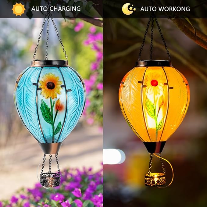 Starsoul Large Solar Hot Air Balloon Lantern with Flame Sunflower Glass Hanging Outdoor Hot Air Balloon Solar Light Waterproof Garden Patio Yard Party Decorations-VerdiqueGarden