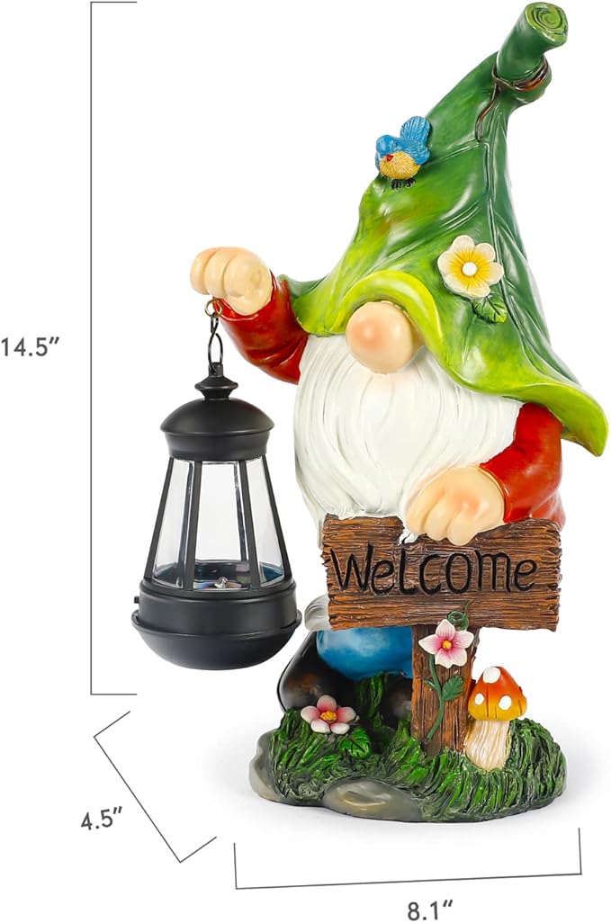 Garden Gnome Statue, Resin Figurine with Bright Solar Lantern Lights and Welcome Sign, Outdoor Solar-Powered Illumination Yard Art Decorations for Indoor Outdoor Patio Lawn Garden Room-VerdiqueGarden