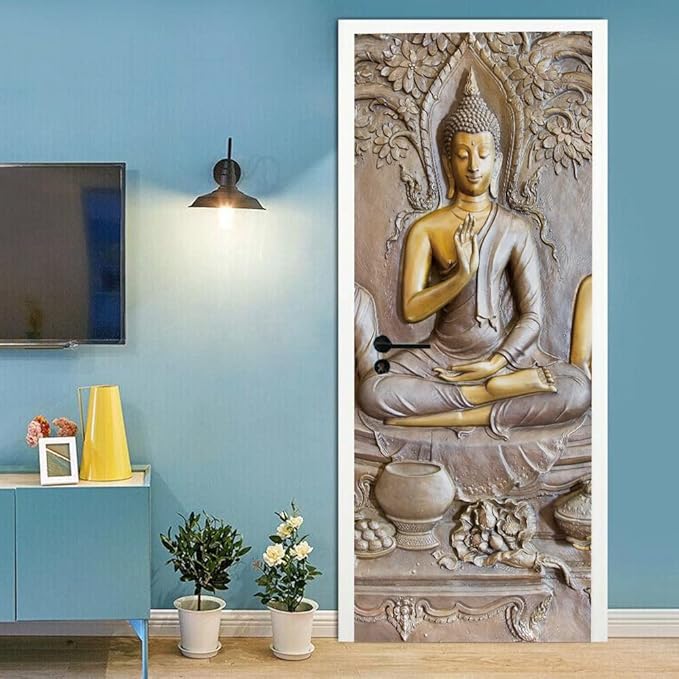 3D Door Stickers - Buddha Statue - Peel & Stick - Waterproof & Washable - Matt Finish - 34.6" x 78.7" - 2 Pieces - White - Oriental Style - Door & Wall - Adults-VerdiqueGarden