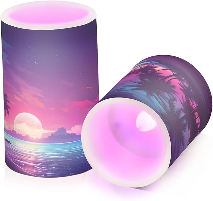 Flickering Flameless Candles, Palm Tree Beach Tropical LED Candles with Remote Timer, Set of 2 Battery Operated Candle for Valentine Wedding Birthday-VerdiqueGarden