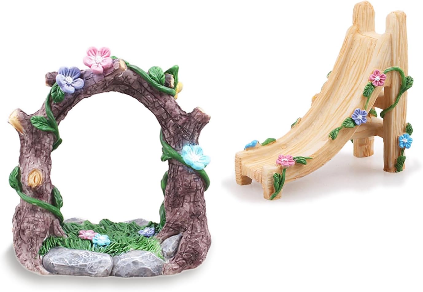 Kai Dream Miniature Fairy Garden Accessories Set, 2 Piece Resin Decorative Landscape Kit with Arch and Slide, Floral Garden Ornaments-VerdiqueGarden