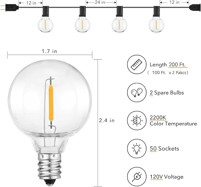 Brightown Outdoor String Lights - 2 Pack Globe Patio Lights 100 Ft with 50 G40 Shatterproof Bulbs, Waterproof Connectable Commercial Hanging Lights for Backyard Bistro Porch Cafe-VerdiqueGarden