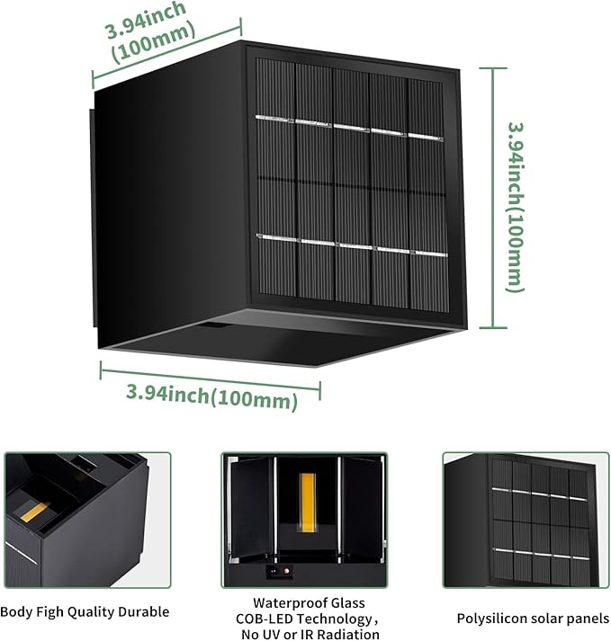 LANFU Solar Powered Motion Sensor Square Outdoor Wall Lights, Black Modern Up and Down Wall Lamps, IP65 Waterproof Warm White 3000K Wall Sconce Light Exterior for Fence Garden Outside-VerdiqueGarden