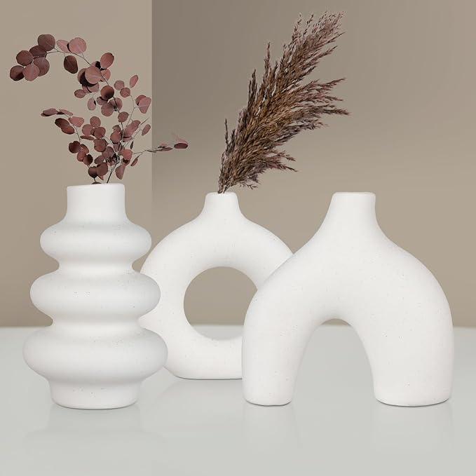 Ceramic Vase Set of 3, Small Flower Vase for Home Decor, Decorative Vases for Pampas Grass & Dried Flowers, Living Room, Bedroom, Bathroom, Shelf Centerpiece Table Decorations-VerdiqueGarden