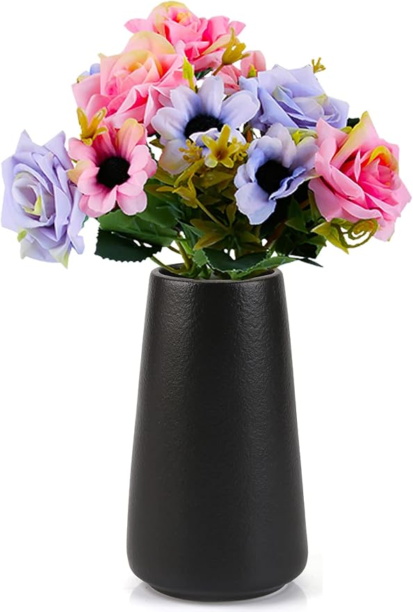 Simple Vase for Flowers Plants, Matte Vases for Modern Table Shelf Home Decor Wedding Boho Decor, 6" H Frosted Elegant Ceramic Vase for Pampas Grass Fluffy Stem Bouquet Lavender Flowers (Black, 4)-VerdiqueGarden