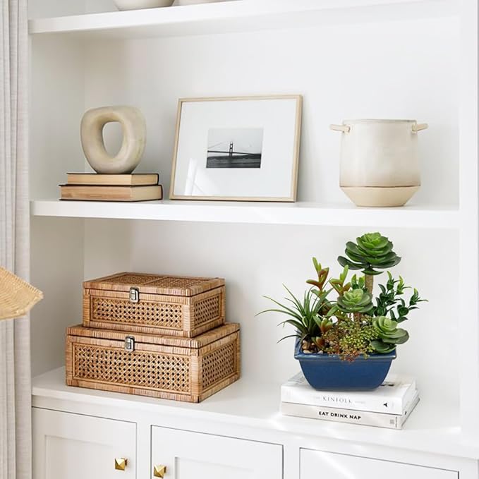 Small Faux Plant Assorted Fake Succulents Plants with Glazed Ceramic Pot Faux Succulents Arrangement Cement Potted Desk Plants Small Fake Plants for Home Table Office Bathroom Shelf Living Room Decor-VerdiqueGarden