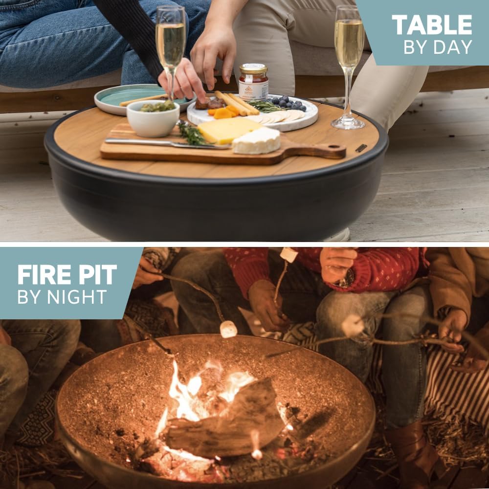 Iron Fire Pit Table with Lid, Extra Thick and Heavy Duty Fire Bowl, Deep Round Firepit for Outdoor Bonfire Gatherings, Wood Burning Firepits for Outside Patio, Modern Outdoor Fire Pits-VerdiqueGarden