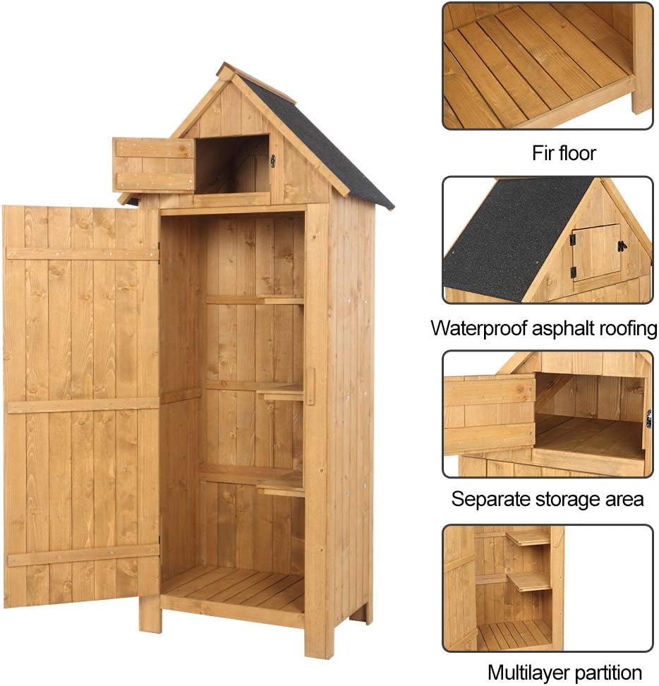 Outvita Outdoor Storage Cabinet, 70in Wooden Vertical Garden Tools Shed, Patio Storage Organizer with Latch & Waterproof Roof for Yard Deck Lawn Farmland Equipment(Natural)-VerdiqueGarden