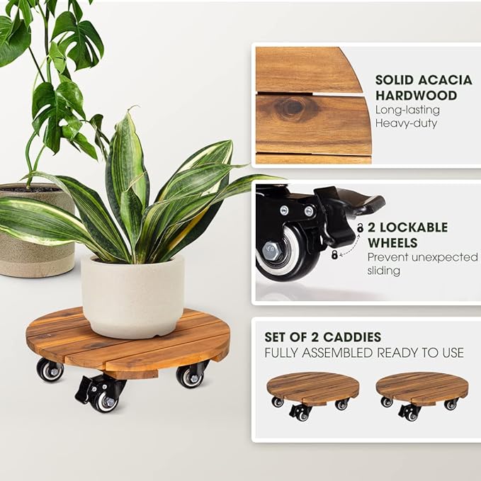 Idzo 2pack 12inches Wood Plant Caddy with Wheels Heavy Duty, 264 Lbs Capacity, Acacia Hardwood Plant Dolly, Plant Stand with 360° Lockable Wheels for Plant Pots, Heavy Objects Hauling - Natural Wood-VerdiqueGarden
