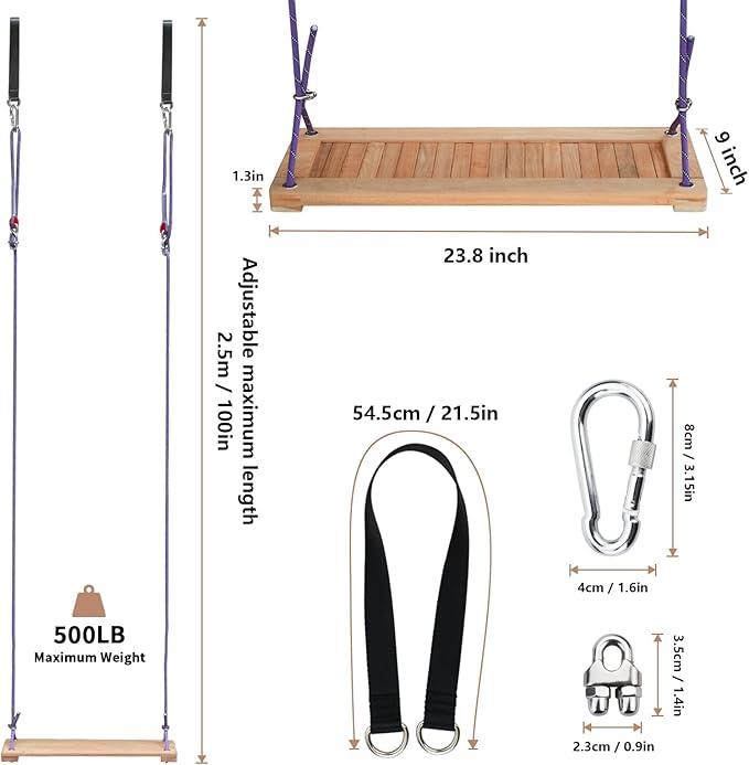 Teak Wooden Swing, Outdoor Wood Tree Swing Seat for Kids or Adults for Backyard Columpio, Height Adjustable (23.8x9inch)-VerdiqueGarden