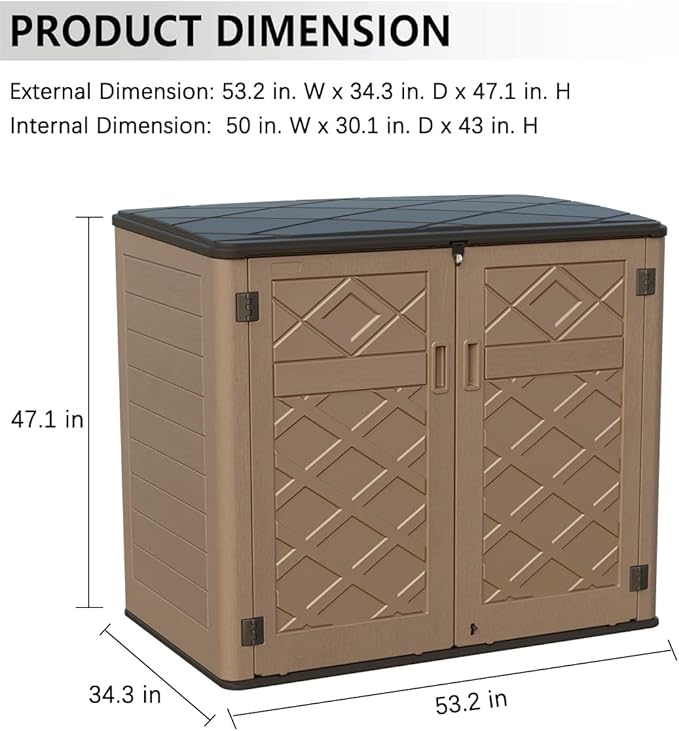KINYING Larger Outdoor Storage Shed Weather Resistance, Resin Sheds & Outdoor Storage for Garden, Patios, Backyards, 48 Cu.Ft Tool Shed for Garbage Cans, Lawn Mower, Garden Tools,Brown-VerdiqueGarden