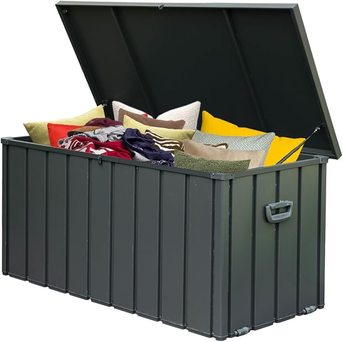 Domi Outdoor Storage Deck Box 120 Gallon, Waterproof Lockable Steel Outdoor Storage Container for Outside Cushions, Garden Tools and Pools Equipment, Gray-VerdiqueGarden