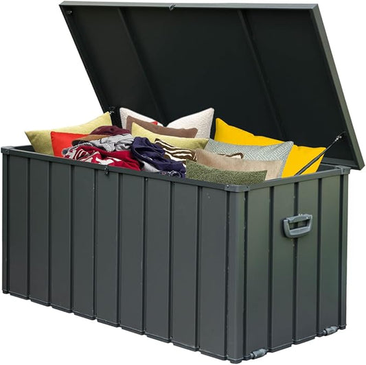 Domi Outdoor Storage Deck Box 120 Gallon, Waterproof Lockable Steel Outdoor Storage Container for Outside Cushions, Garden Tools and Pools Equipment, Gray-VerdiqueGarden