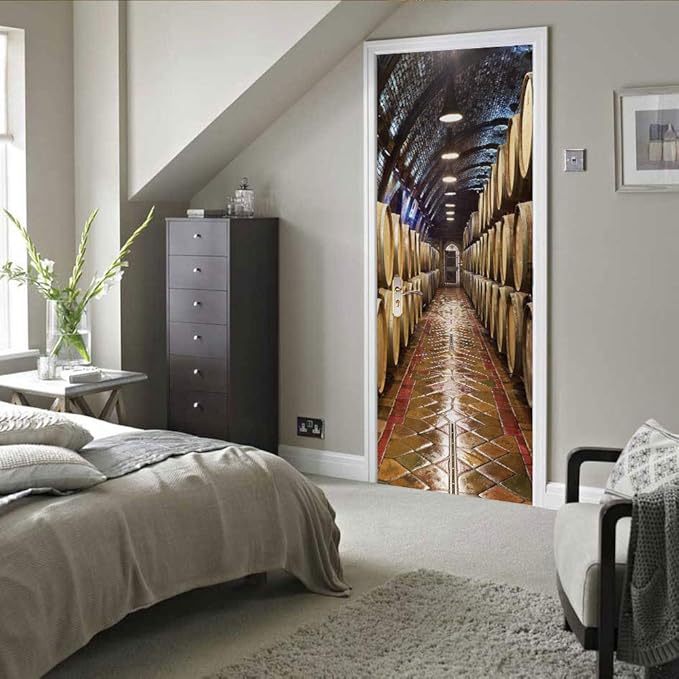 3D Door Stickers Murals - Peel & Stick Wine Cellar Theme - Removable PVC Waterproof Door Poster, 37.4" x 78.7" for Bedroom & Living Room-VerdiqueGarden