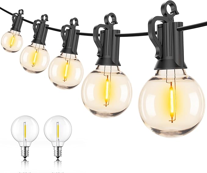 Outdoor String Lights – 50ft Connectable Patio Lights with 52 G40 LED Plastic Bulbs (2 Spare) Outside Vintage Hanging Lights for Backyard Bistro Balcony Porch Party Wedding, E12, 2200K, Black-VerdiqueGarden