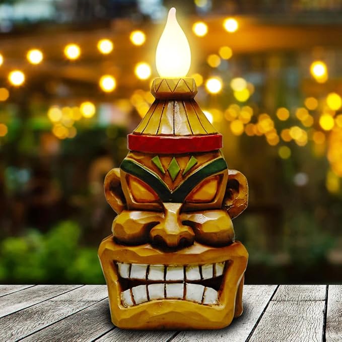 Outdoor Solar Tiki Statue Decor-Tiki Bar Decoration-Torch Tiki Head Statues Outdoor Decorations for Garden,Patio,Yard,Backyard,Lawn,Garden Gift,Garden Tiki Figurine 8.74 Inch Tall-VerdiqueGarden