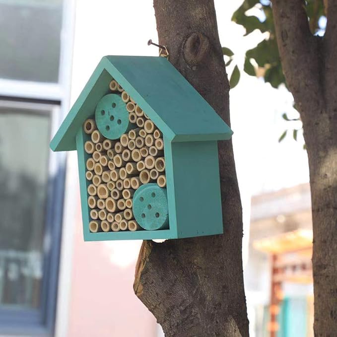 Mason Bee Houses Outdoor Wooden Blue Bee Hotel for Garden and Yard Hand-Made Bamboo Bee Hive for Bees Butterflies and Ladybugs, Medium Size 8"x7.5"x5"-VerdiqueGarden