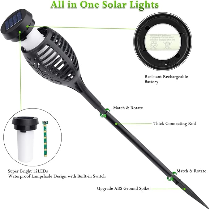 Outdoor Solar Lights, 12Pack Solar Torch Light with Flickering Flame, Garden Lights Waterproof for Outdoor Decor, Tiki Torches for Outside, Luces Solares para Exteriores Pathway Yard Garden Decor-VerdiqueGarden