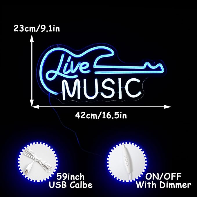 Guitar Neon Sign Blue White Live Music for Wall Decor Dimmable Guitar Led Light up Sign Letter Neon Signs Art Decorative Lights for Music Studio Live Streams Nightclub-VerdiqueGarden