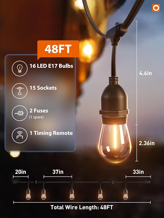 addlon Outdoor String Lights Timer Control, 48FT LED Patio Light with Edison Vintage Shatterproof Bulbs and Commercial Grade Weatherproof Strand - ETL Listed Heavy-Duty Decorative Lighting-VerdiqueGarden