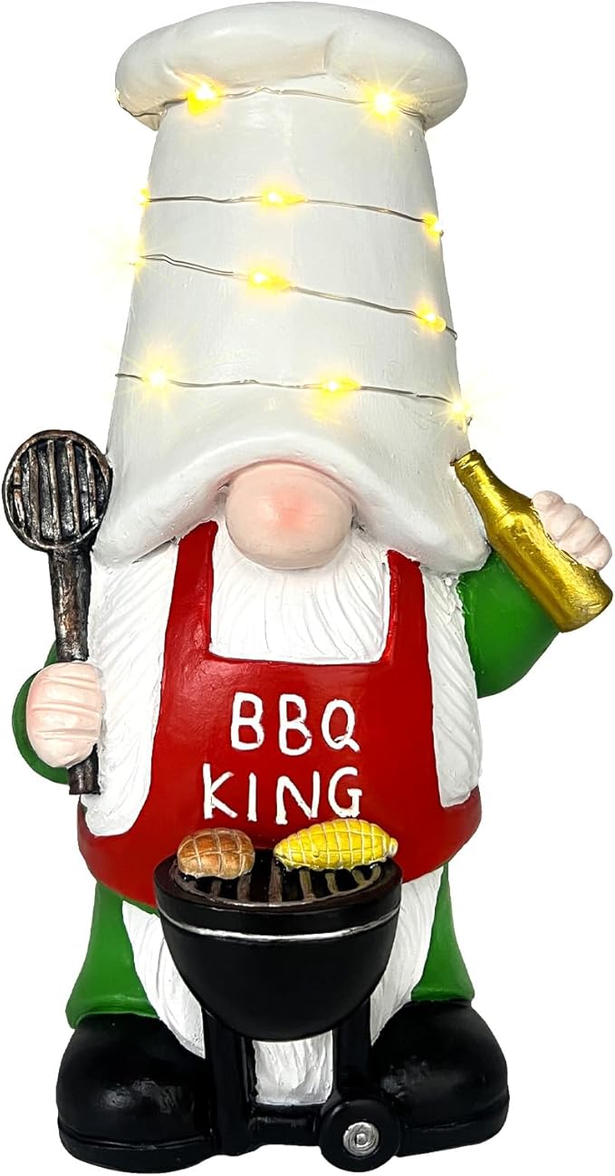 BAYN Garden Gnome Statues Outdoor Decor, Solar Powered Outdoor Gnome with BBQ Grill Decorative Yard Garden Lights Art Gifts with 11 Warm White LEDs-VerdiqueGarden
