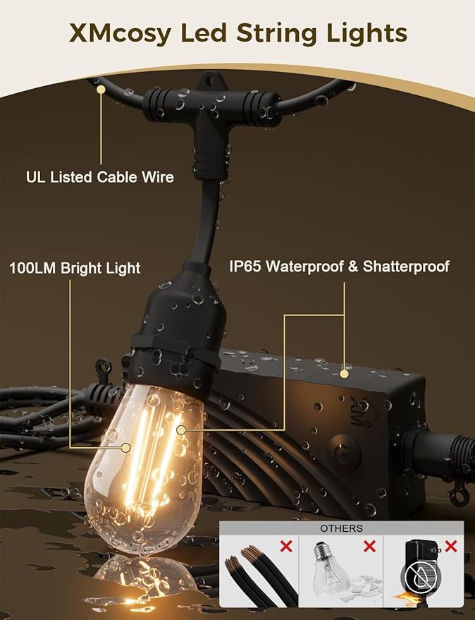 XMCOSY+ Smart Outdoor String Lights, 98Ft LED Patio Lights Waterproof IP65, App Control, Compatible with Alexa, Dimmable Edison Bulbs Outdoor Light for Yard Porch Bistro Outside-VerdiqueGarden