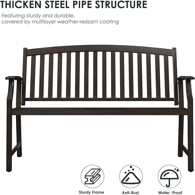 Grand patio 52" Farmhouse Outdoor Bench, Garden Benches with Rust Free Metal Powder Coated Frame and Aluminum Backrest, Faux Wood Grain Finish Frame Patio Bench for Front Porch, Northwoods Brown-VerdiqueGarden