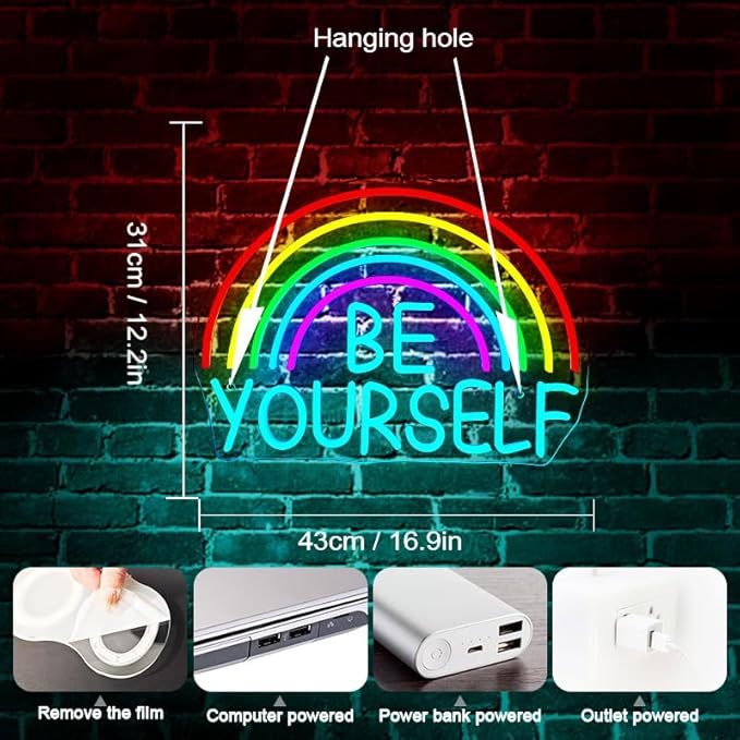 Be Yourself Neon Sign Be Yourself Neon Signs for Wall Decor Dimmable Rainbow Neon Lights Classroom LED Light Up Sign for Bedroom Bookstore Reading Room Library Study Room Decoration-VerdiqueGarden