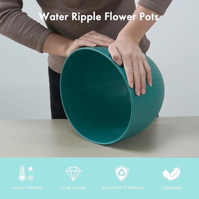 12 Inch Large Plant Pots for Indoor or Outdoor Plants, Wide Water Ripples Flower Pots with Drainage Holes & Saucer, Plastic Planters Set for Garden & Home Decor (Blue Green)-VerdiqueGarden