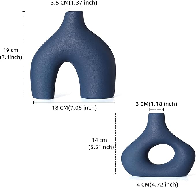 CEMABT Blue Ceramic Vase Set of 2 for Modern Minimalist Bohemian Decor，Round Matte Donut Vases for Pampas Grass-Perfect for Living Room, Dining Table, Office Bedroom Shelf Decor Entryway, Console-VerdiqueGarden