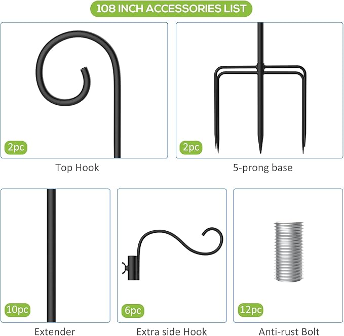 108 Inch Shepherds Hooks for Outdoor 2 Pack, Bird Feeder Poles with 4 Hooks, Shepherds Hook for Bird Feeders Outside with Base, Garden Pole for Hanging Plant Baskets, Weddings Decor (108 Inch)-VerdiqueGarden