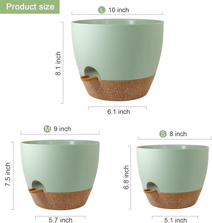 10/9/8 inch Self Watering Pots, Planter, Plant Pots with Mesh Drainage Holes for Indoor Outdoor Garden Plants, Plastic Flower Pots with Deep Reservoir for House Plants, Green with Brown-VerdiqueGarden