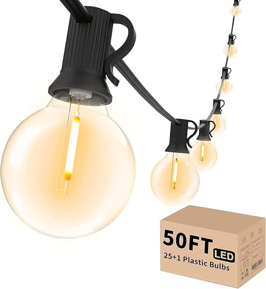 Svater Outdoor String Lights 50 FT, Patio LED Lights Outside with 26pcs Bulbs, Waterproof Shatterproof Hanging Globe Light Connectable for Bistro Cafe Backyard Balcony Warm White-VerdiqueGarden