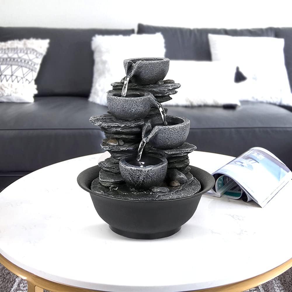 10.6inch Rock Indoor Water Fountain Zen Meditation Tabletop Fountain with LED Light for Home Office Bedroom-VerdiqueGarden