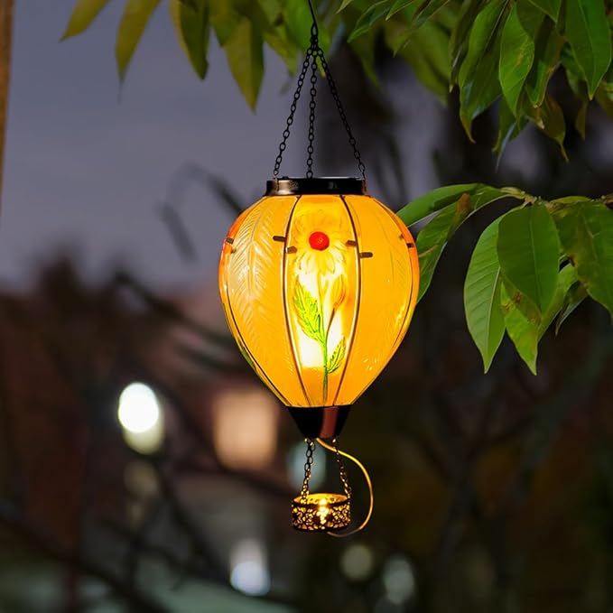 Starsoul Large Solar Hot Air Balloon Lantern with Flame Sunflower Glass Hanging Outdoor Hot Air Balloon Solar Light Waterproof Garden Patio Yard Party Decorations-VerdiqueGarden