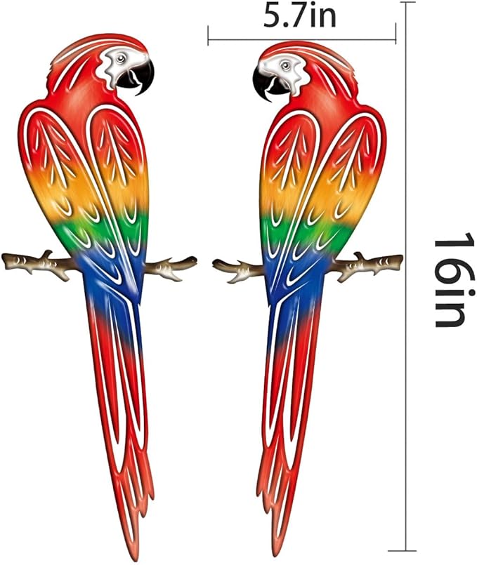 Metal Outdoor Wall Art Decor,3D Colorful Garden Birds Sculpture Outdoor Iron Hanging Parrot Decor, Metal Hand-Made Bird Wall Art Decorations for Fence Patio Balcony Living Room-VerdiqueGarden