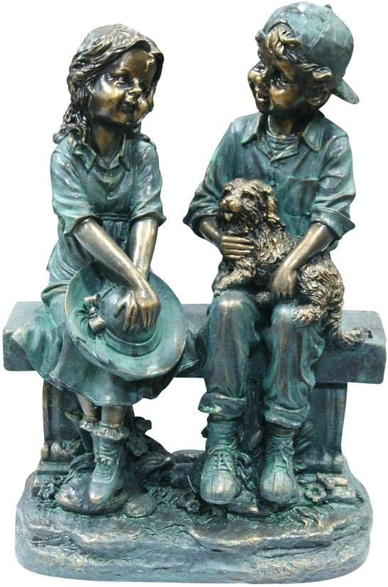 Alpine Corporation 16" Tall Indoor/Outdoor Girl and Boy Sitting on Bench with Puppy Statue Yard Art Decoration-VerdiqueGarden