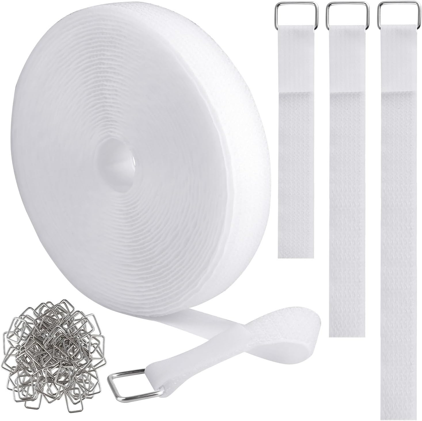 1"x16ft Hook and Loop Straps with 25 Metal Buckles, Adjustable Fastening Cable Straps, Cut-to-Length Cinch Strap, Reusable Nylon Securing Cord Ties for Organizer or Storage, 1 inch Wide, White-VerdiqueGarden